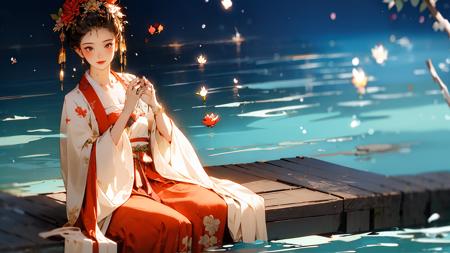 02350-1555145959-zanhua, Best quality, masterpiece, 1 girl, full body, holding flower, red flower on head, wearing hanfu,  looking at viewer,embr.png